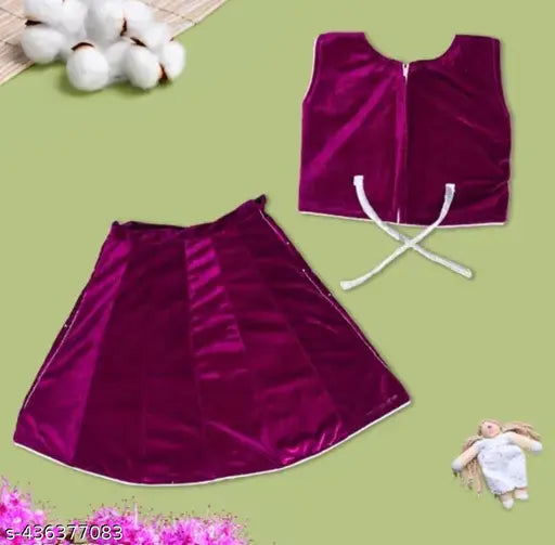 Embroidered pink velvet Lacha for kids, Indian ethnic motif design on sleeveless lehenga, heavy work on top and bottom