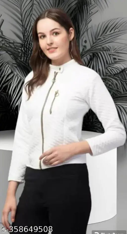 Warm white wool jacket for women, solid style in long sleeves, XS-L size