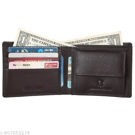 Brown top grain leather men's wallet with 2 compartments, 4 card slots, hidden pockets, and coin pocket. RFID blocking for secure storage. Ideal for gifting this festive season