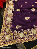 Purple georgette sari with intricate mirror and stone work, traditional border