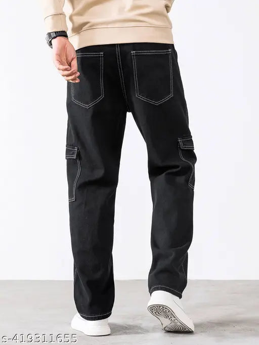 Denim Man Jens black 6-pocket jean, solid pattern, high-quality denim jeans for men, size 30 (waist 30in, length 33in, hip 39in), India origin
