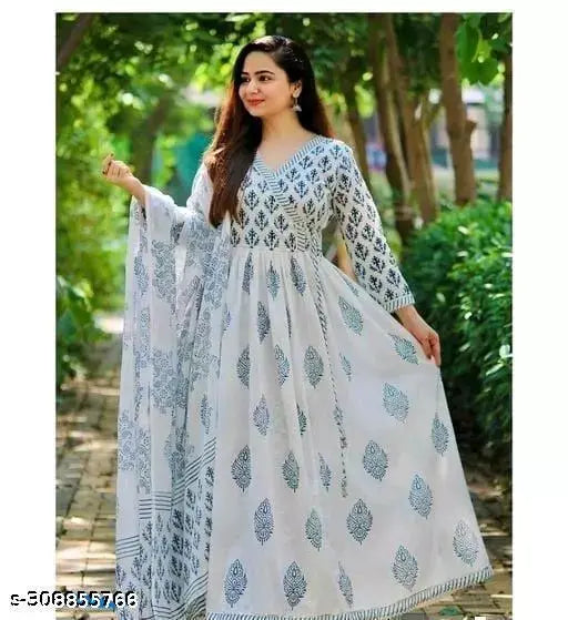 Rayon slub Anarkali Kurta with dupatta, printed combo, three-quarter sleeves, women's fashion from India