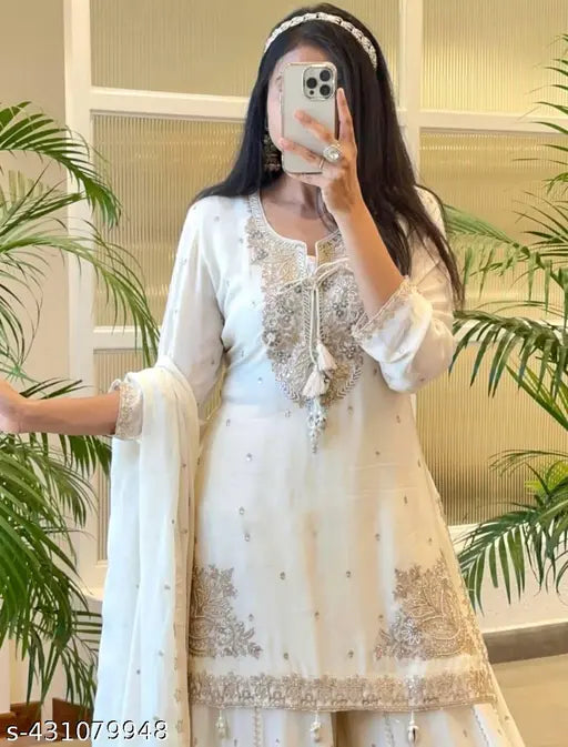 White and gold embroidered kurta set, long sleeves, floor length