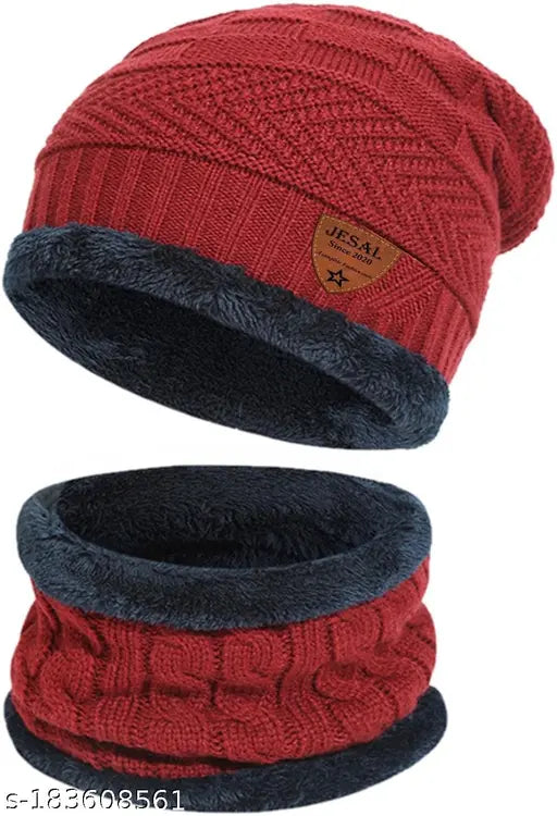 Red wool beanie, solid net pattern, handmade in India