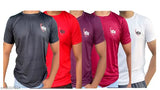 Modern polyester men's t-shirt, solid color in trendy design, packed as a set of five multi-colored shirts