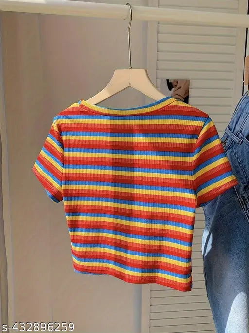 Lycra stripe print crop top for spring-summer wear, women's clothing in various sizes