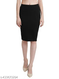 Black cotton blend high waist pencil skirt with back cut detail, ideal for formal wear and office attire