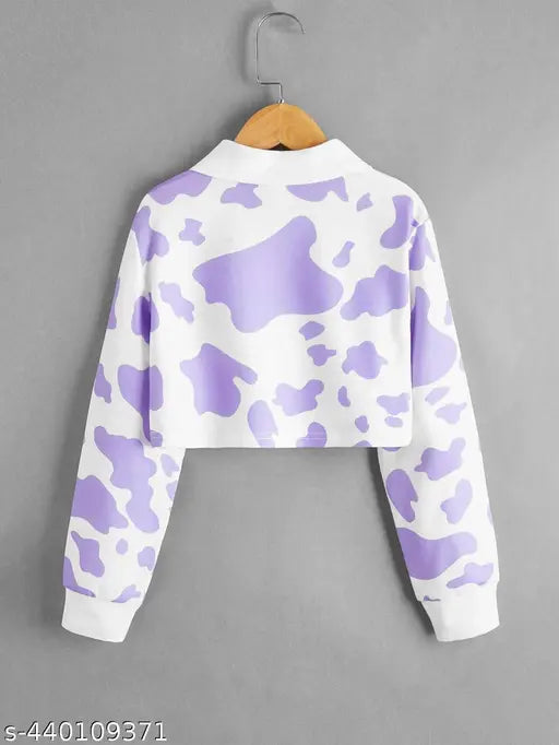 Blue Lycra long-sleeved shirt, women's trendy printed cloud pattern on a purple & white cow print backdrop
