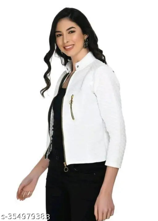 Fleece three-quarter sleeve solid women's jacket, XL (bust 42in, length 22in), New York round neck button style, trendy fashion forward design