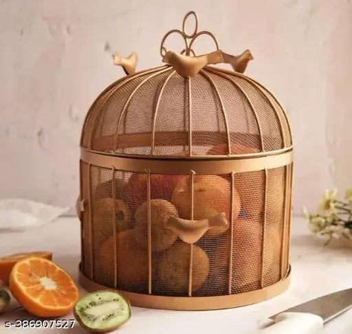 Golden metal fruit basket, insect-proof mesh Jaali lid, countertop size 10 x 10 x 13 inches, suitable for storing fruits and vegetables