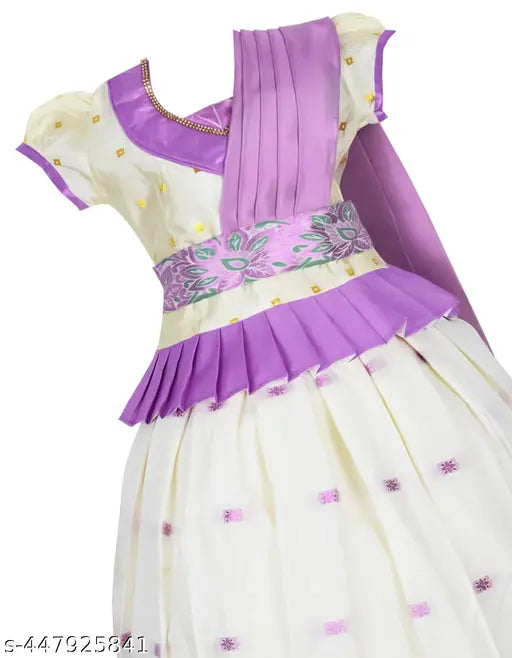 White & Gold Kerala Traditional Pavada Set - Cotton blend, festive wear with puff sleeves and golden zari accents