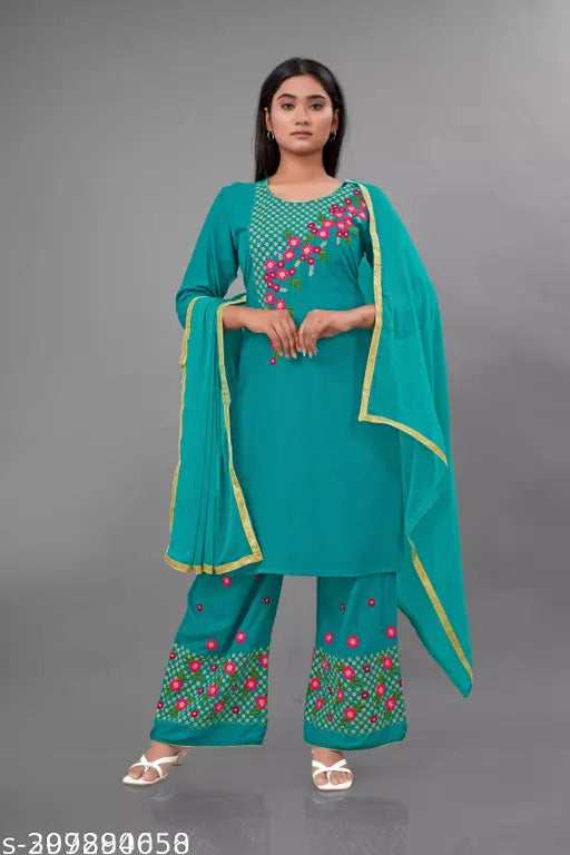 Green embroidered rayon kurta set with dupatta and A-line palazzos, featuring floral embroidery and three-quarter sleeves. Ideal for comfortable daily wear and versatile casual ethnic attire. Made in India