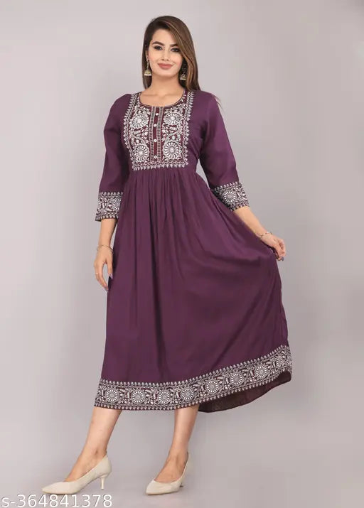 Rayon NEW design Anarkali kurti, three-quarter sleeves, solid pattern for girls & women. Lightweight, comfortable, trendy, ideal for casual wear and outings. Made in India