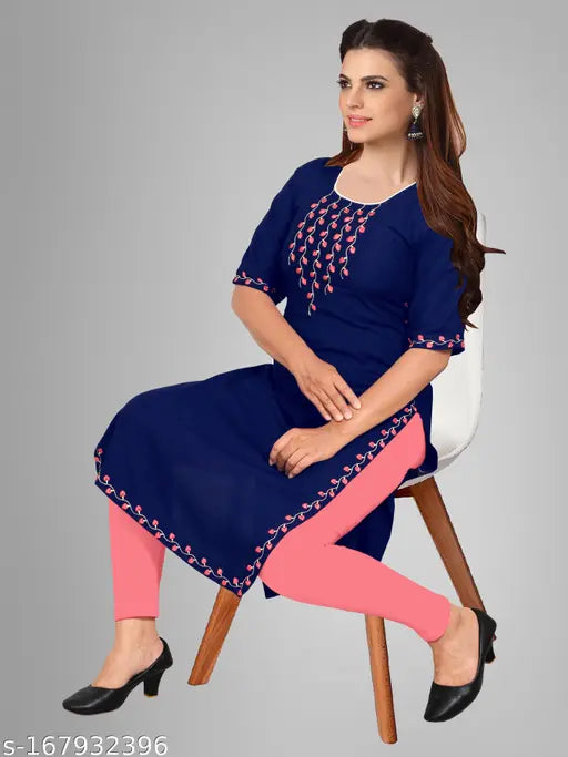 Navy Blue Embroidered Rayon Kurti by Kapadia, short sleeves, single-sized S (36in, 44in), festive wear for women and girls