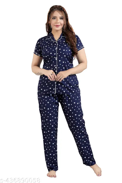 Women's cotton multi-colored print night suit set, includes shirt & pyjamas - cosy, comfortable & elegant nightwear