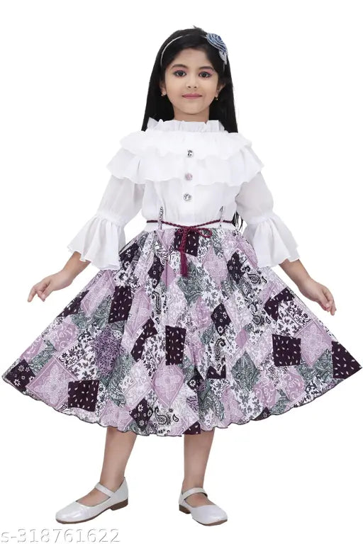 Purple, polka dot, chiffon skirt with ruffled sleeves and floral embroidery