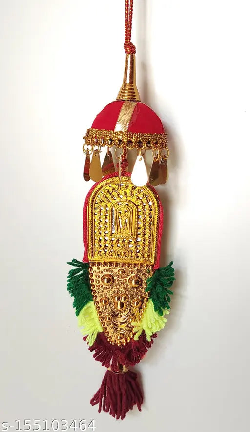 Multi-colored car hanging nettipattam with kolam, umbrella, Ganesha, Vishnu (8 Inch) - Indian handcrafted automobile showpiece art