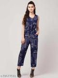 Navy Blue Poly Crepe Trendy Women's Printed Net Jumpsuit, suitable for casual occasions