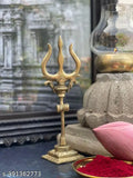 Gold brass Trishul & Damru set for Pooja Room, intricately handcrafted, stands at 55 inches tall