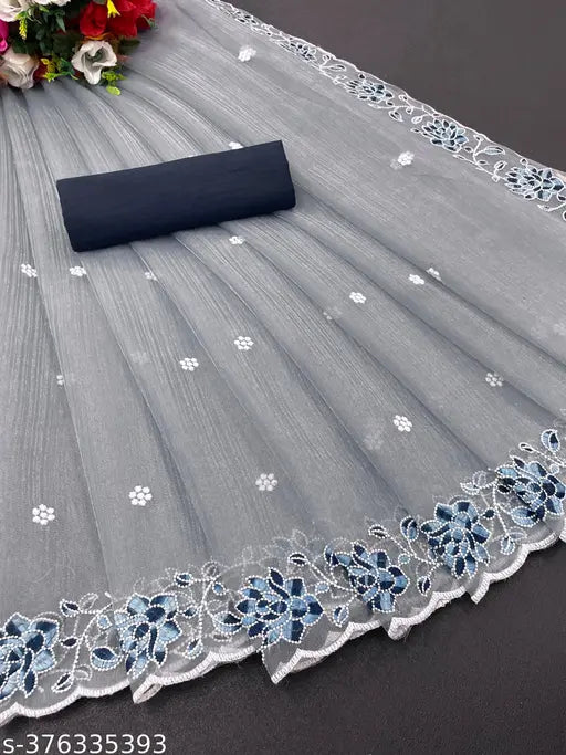 Beautiful super net floral embroidery work sari with separate Bangalori silk blouse piece - Indian wedding saree, traditional and modern design