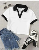 Urbane feminine lycra tunic with contrast collar, short sleeves, solid net, XS (bust 26in, length 17in)