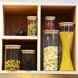 Clear glass jar container set with bamboo wood lids, 220 ml capacity, multiuse for flour, sugar, cookies