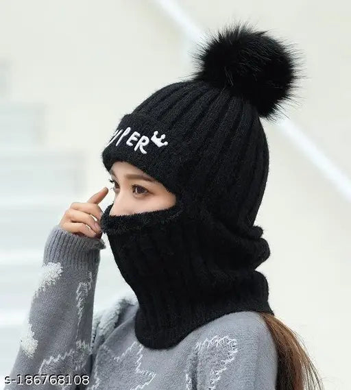 Black wool knit hat, visor, winter cap for women