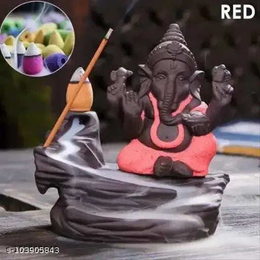 Hand-crafted smoke Ganesha water fountain, poly resin Ganesh idol with incense burner & 10 backflow cones, Indian artisanal figurine on stone base