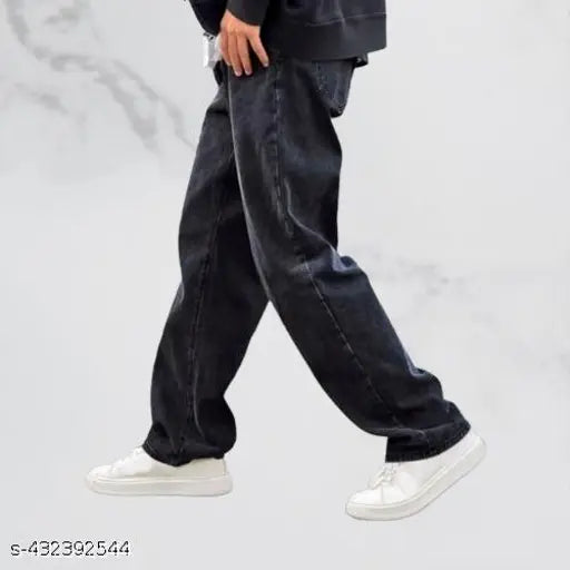 A pair of men's denim pants in loose fit, straight leg style, suitable for casual street fashion