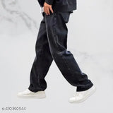A pair of men's denim pants in loose fit, straight leg style, suitable for casual street fashion