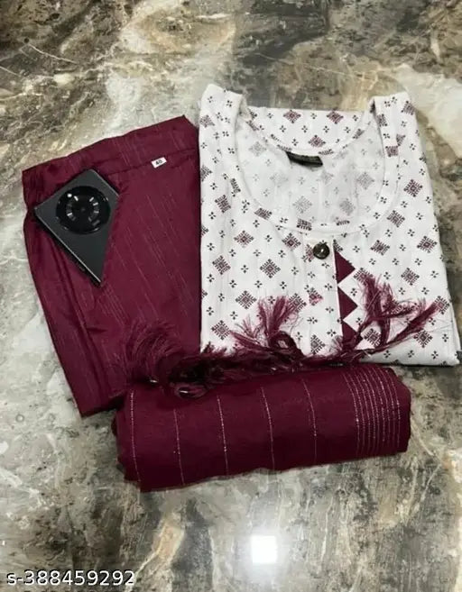 Trendy cotton printed kurti trouser with dupatta set, three-quarter sleeves, XXS size. Indian women's fashion for traditional occasion wear