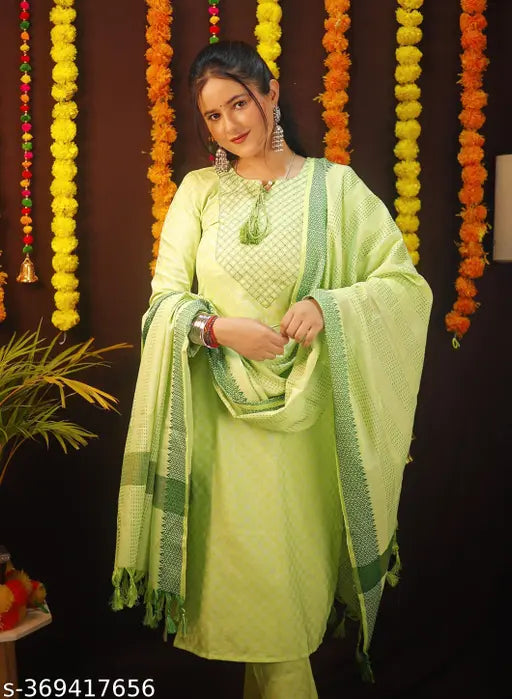 Green and white traditional Indian kameez set, dupatta included