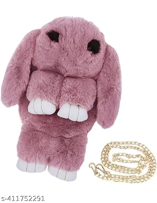 Pink plush bunny cross-body handbag with chain strap, smooth zipper