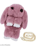Pink plush bunny cross-body handbag with chain strap, smooth zipper