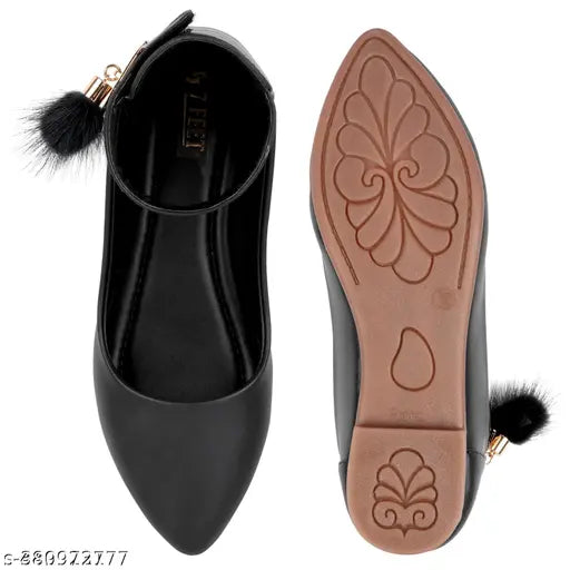 Synthetic leather women's Bellies and Bellerina flats, solid pattern in sizes IND-3 to IND-8. Made in India with Velcro fastening
