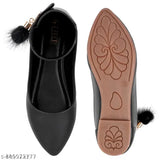 Synthetic leather women's Bellies and Bellerina flats, solid pattern in sizes IND-3 to IND-8. Made in India with Velcro fastening