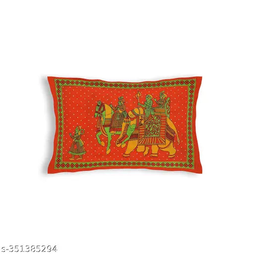 Orange Jaipuri cotton pillow cover with royal elephant design