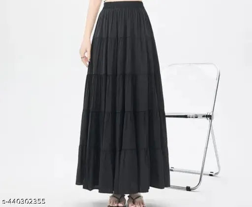 Stylish black midi skirt with high waist, ruffled hem