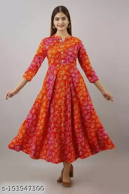 Multicolor printed rayon anarkali ankle kurta with three-quarter sleeves, contemporary Indian fashion on model