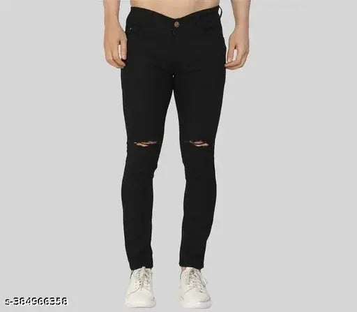 Black denim knee-cut distressed stretchable jeans for men, offering comfort and versatile style
