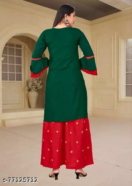 Green and red embroidered dupatta set with ruffled hems