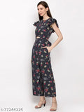 Navy Blue Crepe Slenor Women's Floral Keyhole Neck Short Sleeve Jumpsuit for parties, events, or business