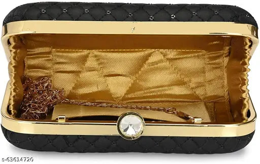 Black leather clutch, gold chain, flap closure