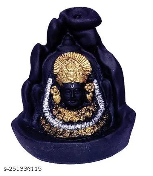 Morater Lord Khatu Shyam Ji idol statue, black, with gold adornments and beads, incense holder backflow cone decoration showpiece