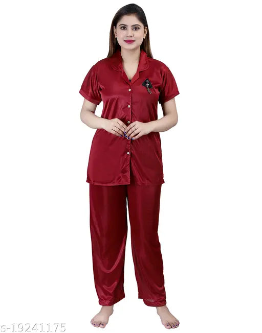 Maroon satin women's pajamas set, includes shirt and pants