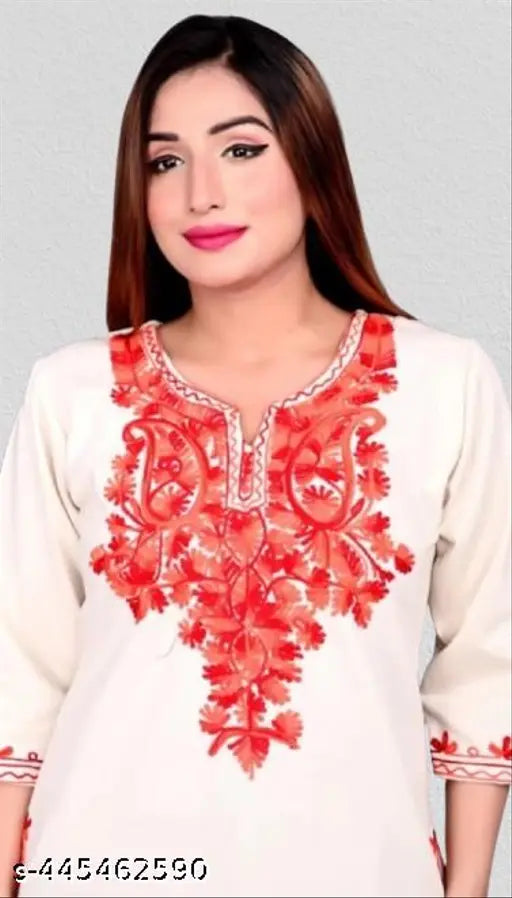 Women's premium woolen embroidered kurti, white with red floral design