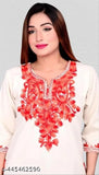 Women's premium woolen embroidered kurti, white with red floral design