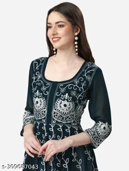Georgette three-quarter sleeve embroidered kurti for women & girls, intricate Indian fancy embroidery design