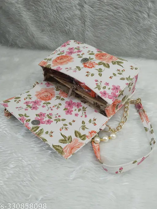 Silky fashion side bag with floral print and zip closure
