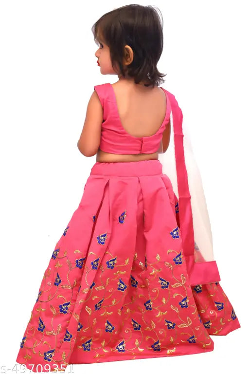 Taffeta silk kids' lehenga cholis, embellished with intricate stitching, perfect for Indian festivals or bridal wear